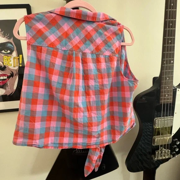 ModCloth Barbie Retro Sleeveless Button-Up Top in Pink, Red and Blue Plaid - Picture 3 of 3